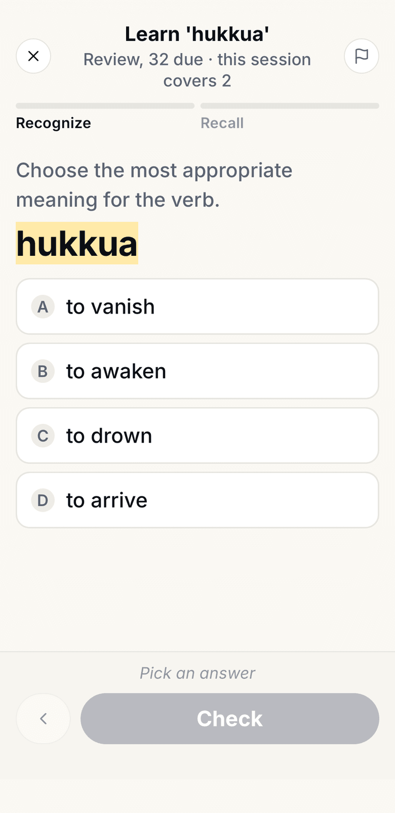 Kielo review question on the Finnish verb hukkua with four options