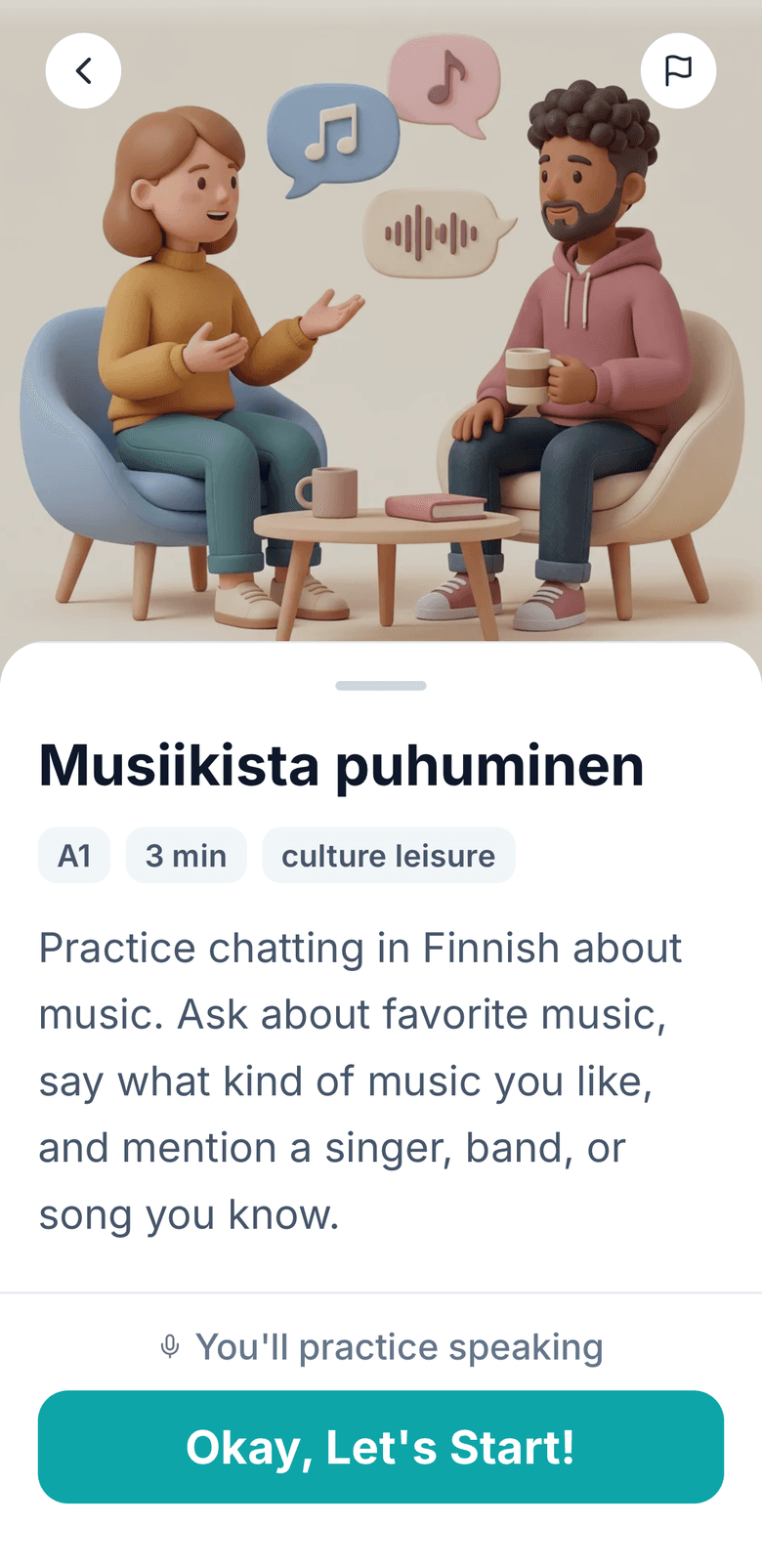 Kielo conversation scenario: Musiikista puhuminen, A1, 3 minutes