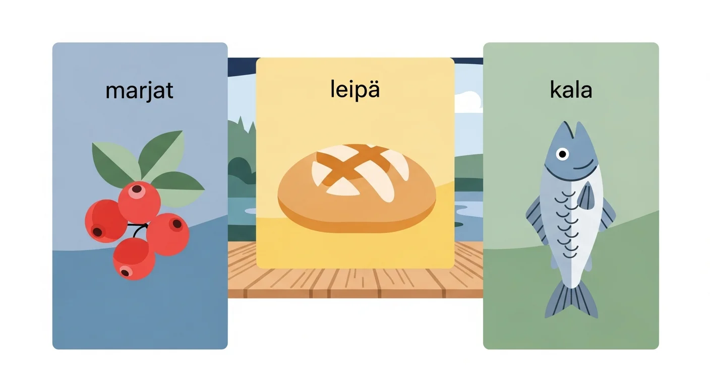 Educational flashcard-style illustration showing Finnish words for market items like "marjat" (berries), "leipä" (bread), and "kala" (fish).