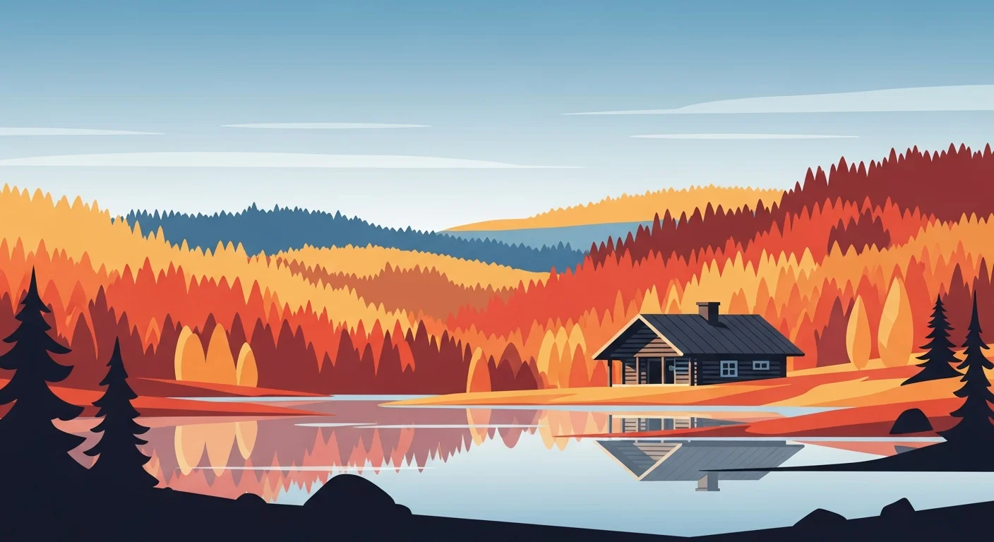 A landscape showcasing the vibrant colors of Finnish "ruska" (autumn foliage) with a traditional wooden cabin in the background.
