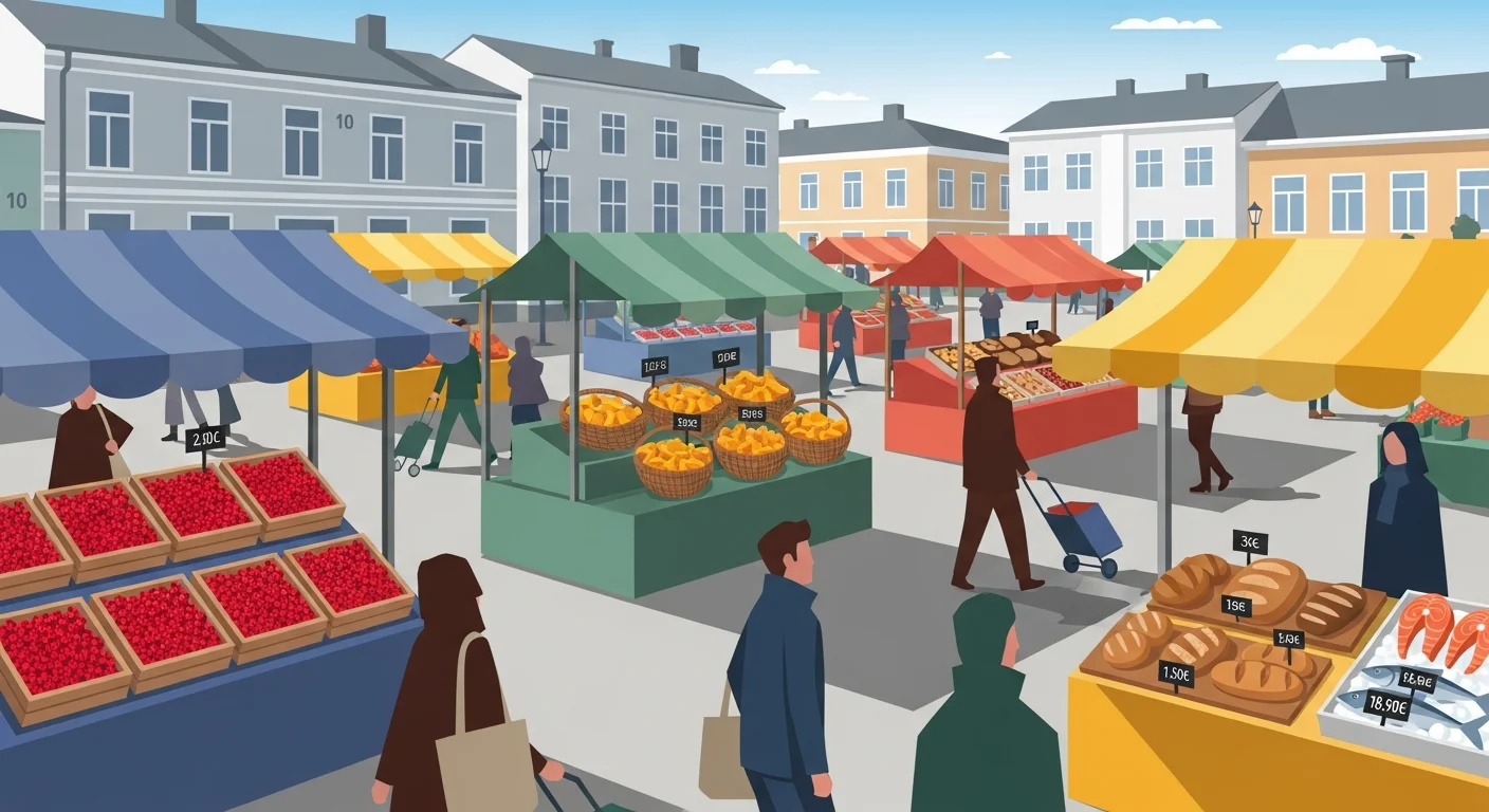 A bustling Finnish market scene with colorful stalls and produce. Numbers are visible on price signs and in the background.