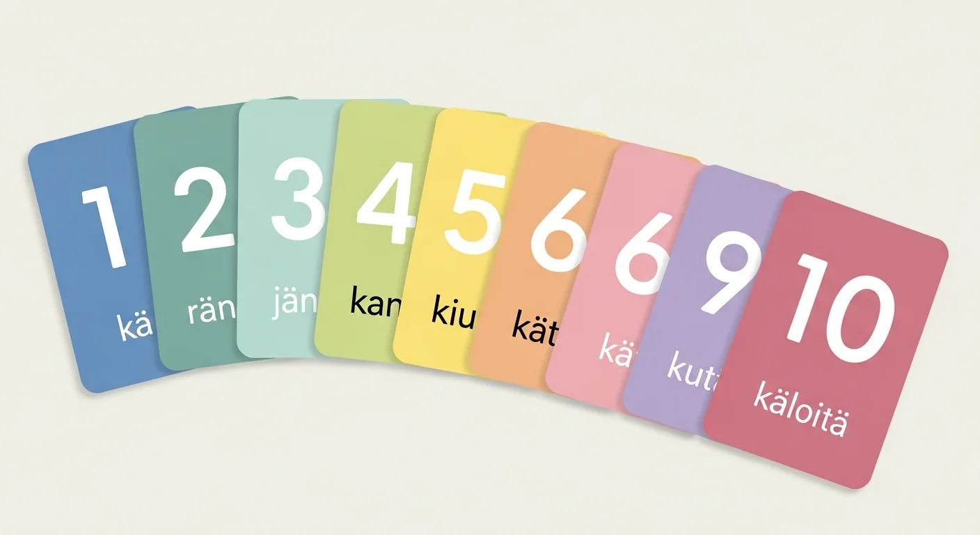 Colorful flashcards showing Finnish numerals 1-10 with phonetic pronunciation.