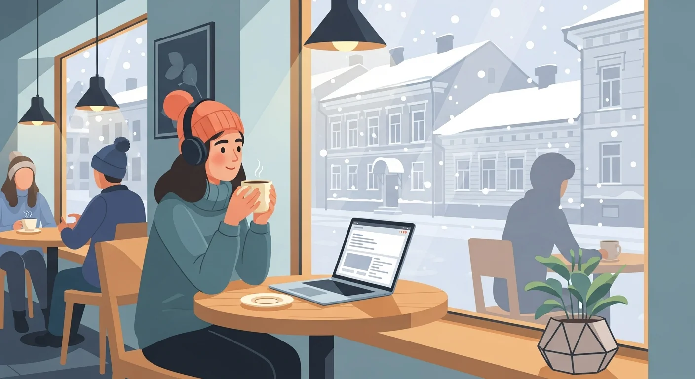 Cheerful illustration of a student practicing Finnish at a café, using phrases from the lesson.