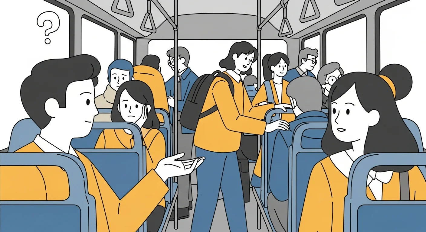Illustration of a person politely asking for directions using "Anteeksi" and another person excusing themselves on a crowded bus using "Saako?"