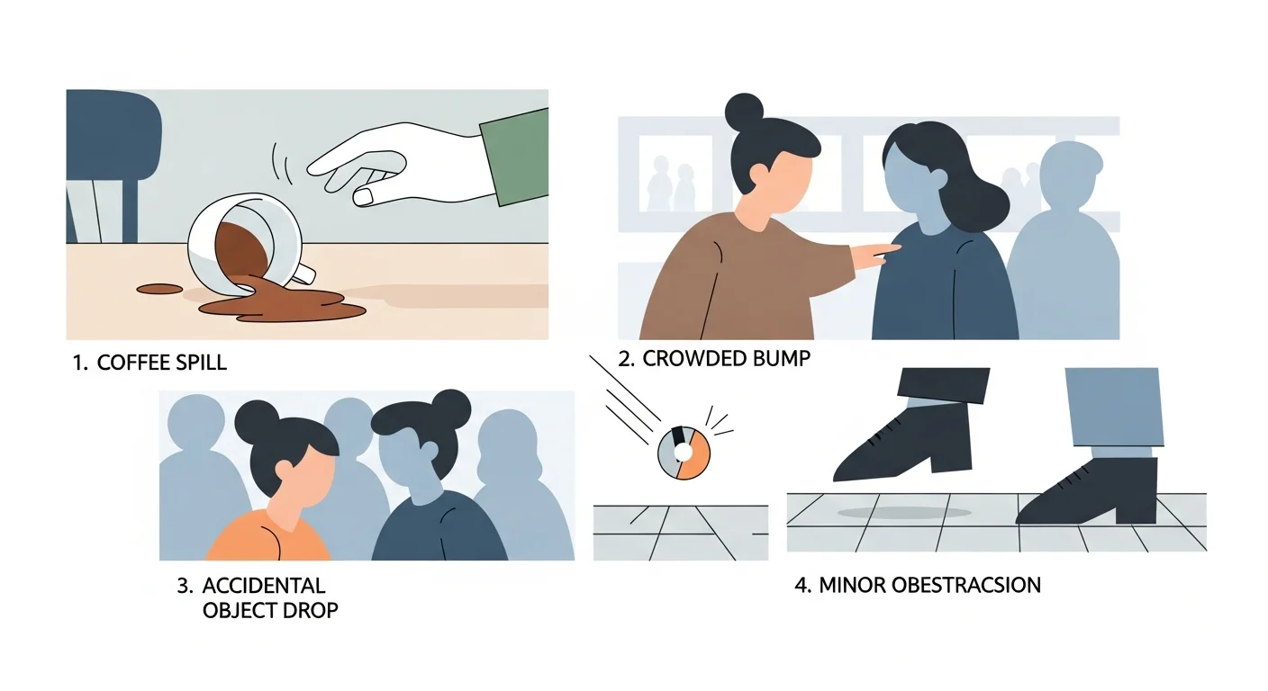 Illustration depicting various scenarios where someone might need to apologize, such as spilling coffee or bumping into someone in a crowded space. The illustrations should have speech bubbles with the relevant Finnish phrases.