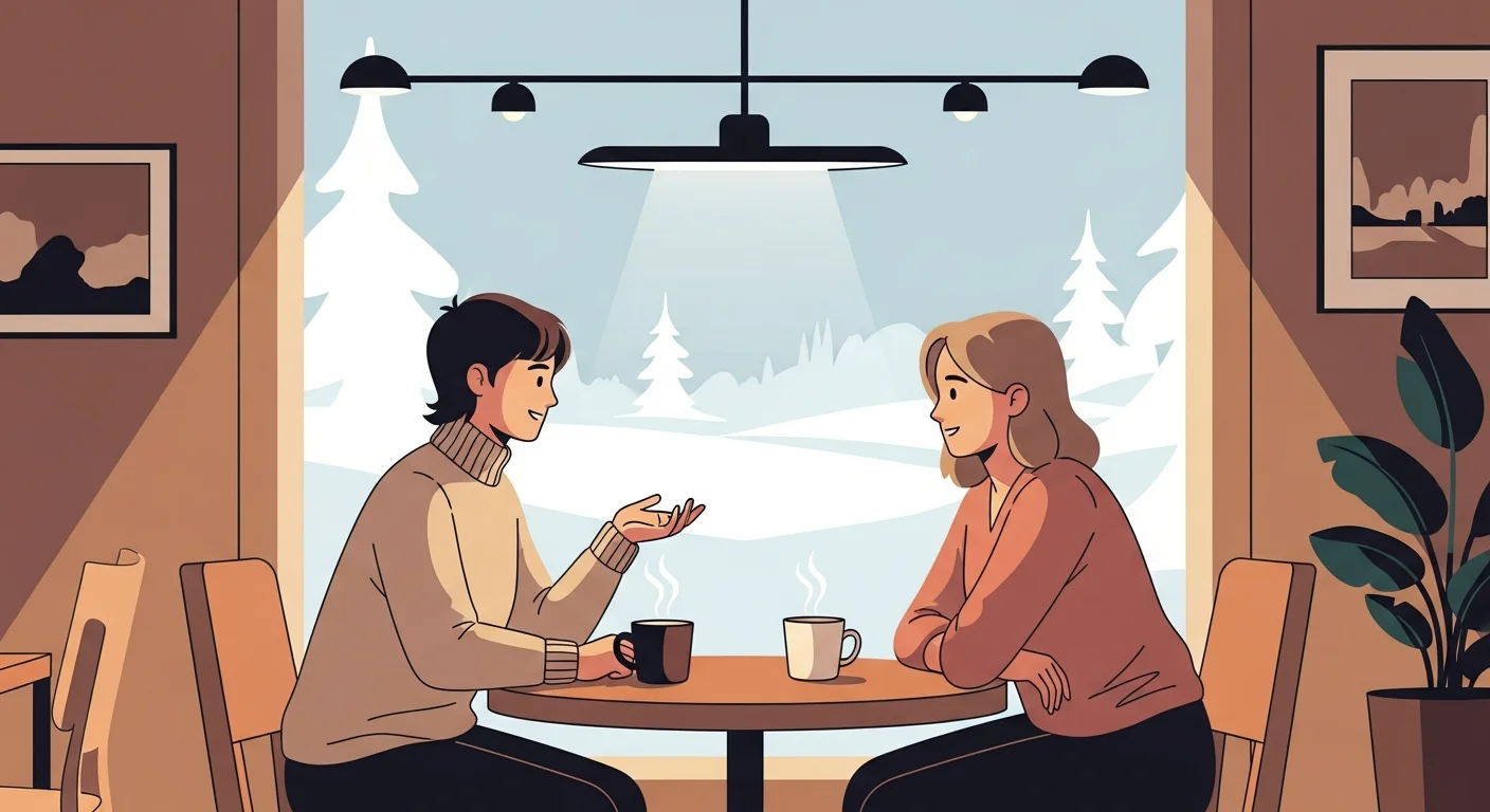 Illustration of two Finnish friends chatting over coffee, using "minä" and "sinä" in their conversation.