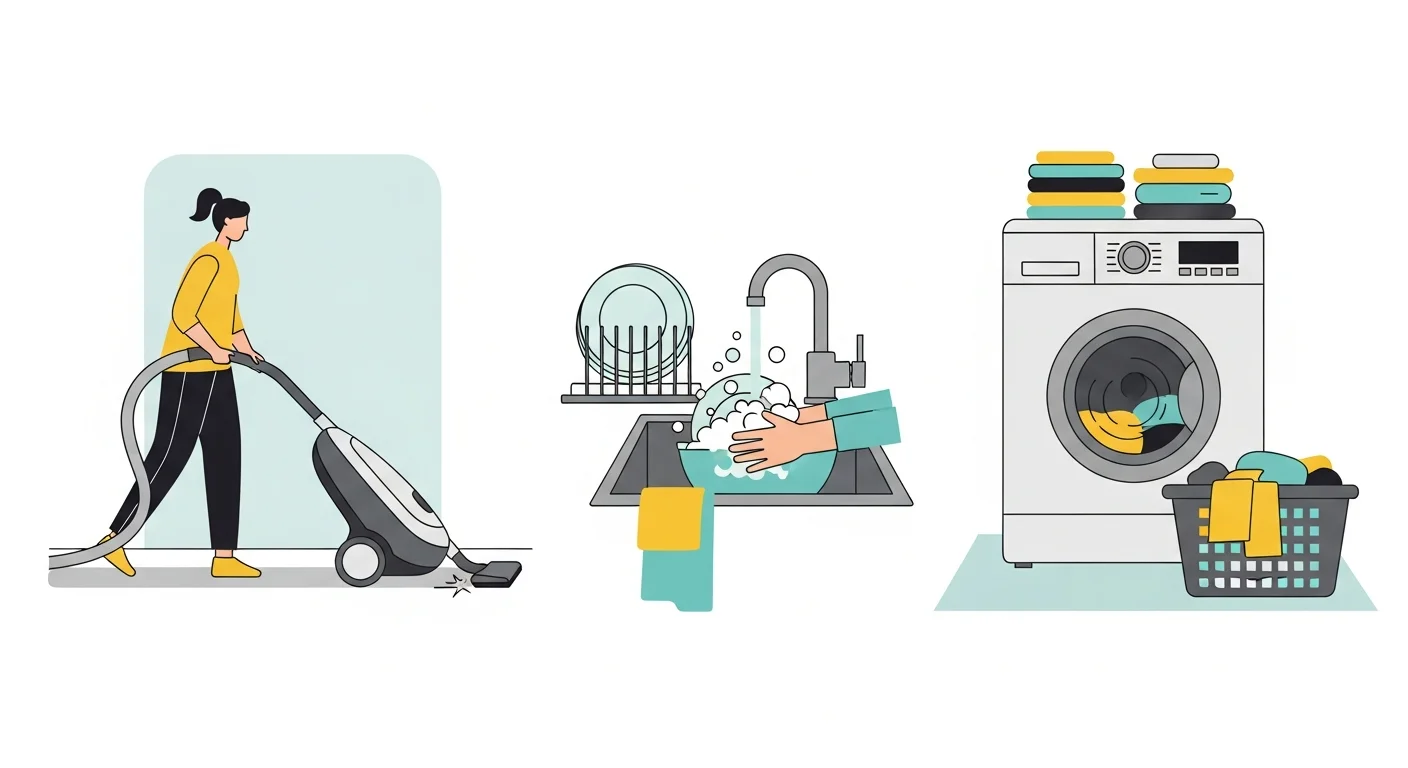 A simple illustration depicting different chores: vacuuming, washing dishes, doing laundry, with the Finnish verbs written above each action.