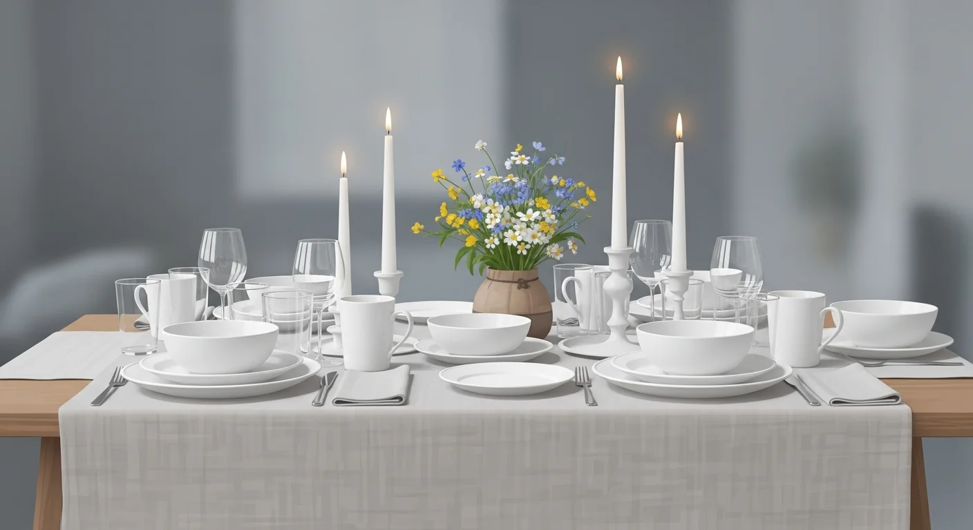 A beautifully set Finnish table with linen tablecloth, simple white tableware, clear glassware, candles, and a small vase with wildflowers as a centerpiece