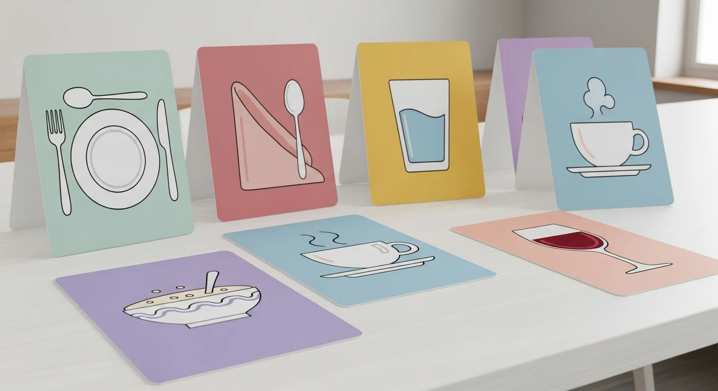 Colorful flashcards with Finnish words and phrases related to table setting and dining. Examples include "Hyvää ruokahalua!" and images of a plate, glass, and napkin.