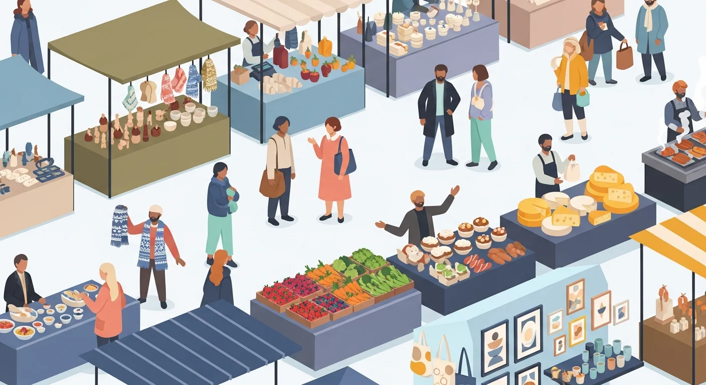 A vibrant open-air market in Helsinki, Finland, with stalls selling handicrafts, food, and design items. Shoppers are interacting with vendors.