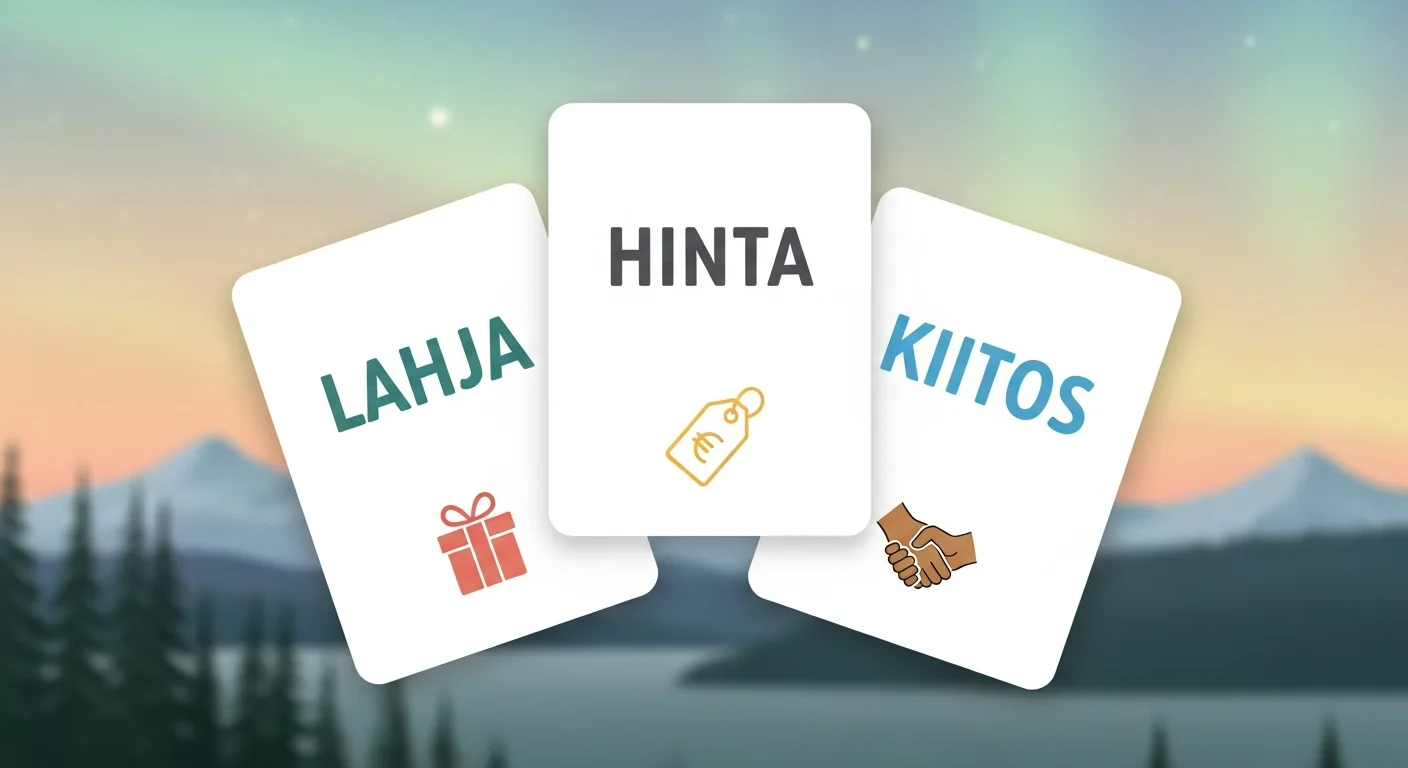 Colorful flashcards displaying Finnish words related to shopping and souvenirs, such as "lahja" (gift), "hinta" (price), and "kiitos" (thank you).