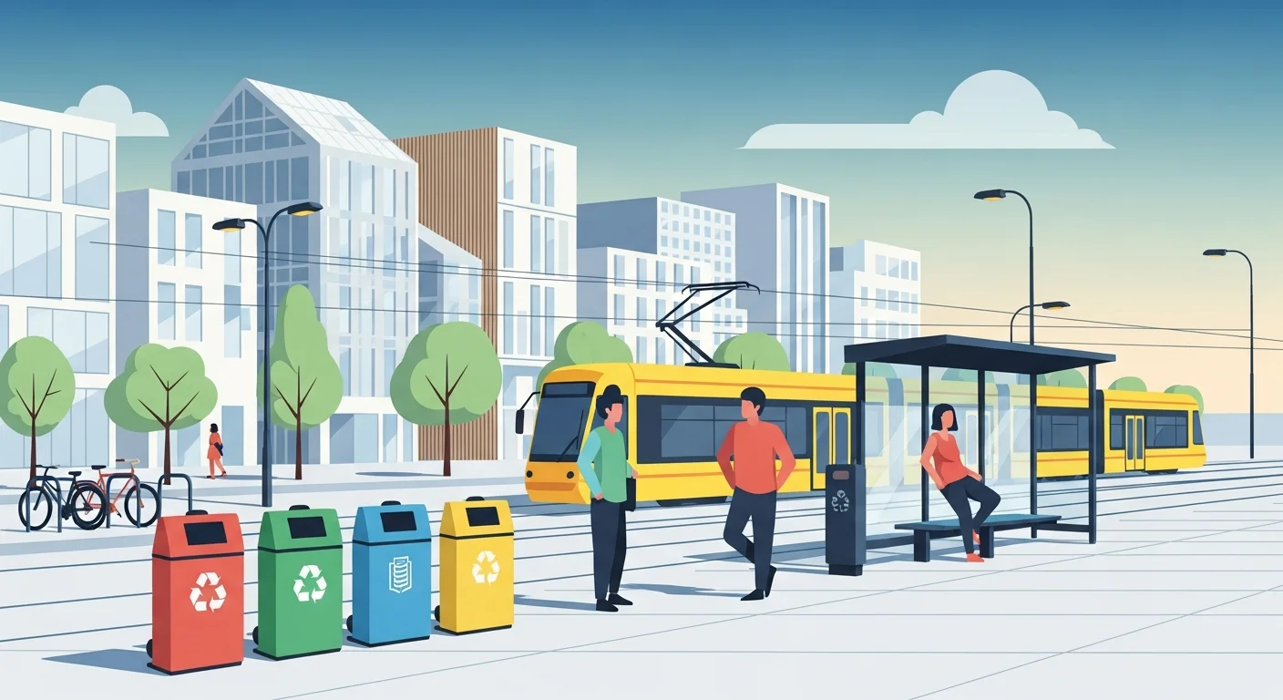 Illustration showing different recycling bins and people using public transportation in Finland