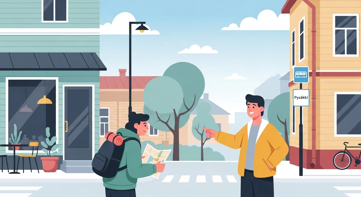 Cheerful illustration of a student practicing Finnish by asking for directions from a friendly Finn on a street corner.