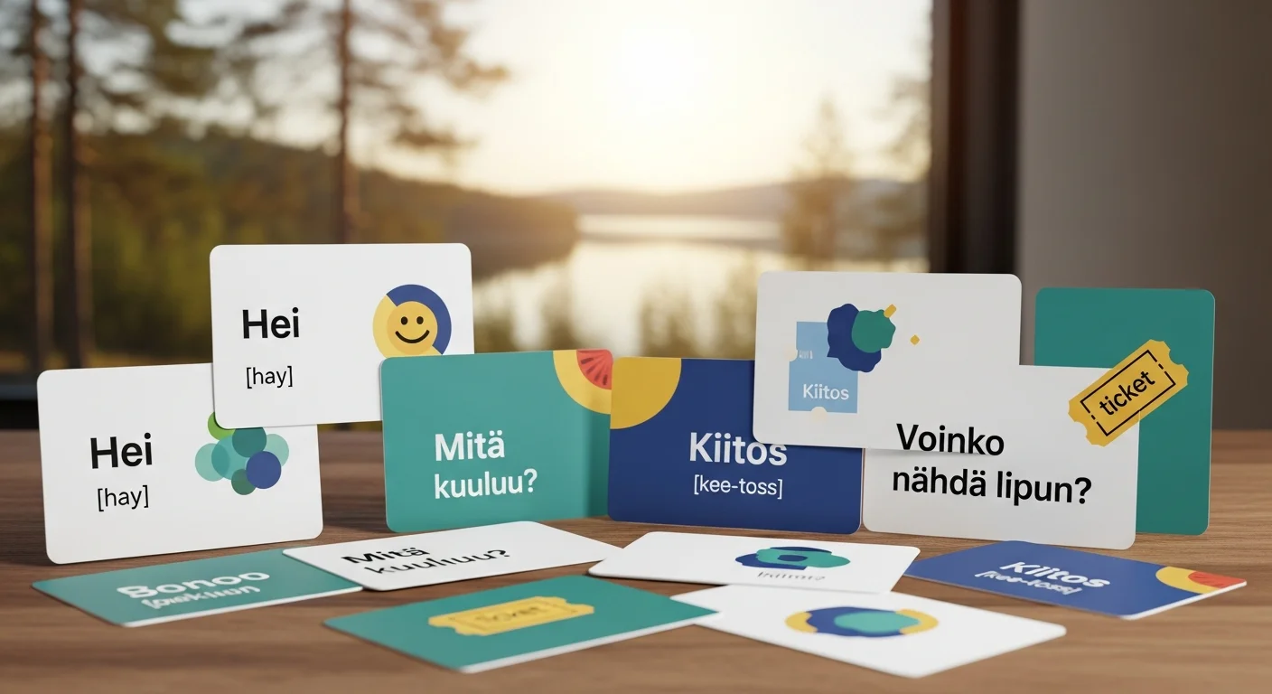 Colorful flashcards showing Finnish greeting phrases and ticket-related questions with pronunciation guides