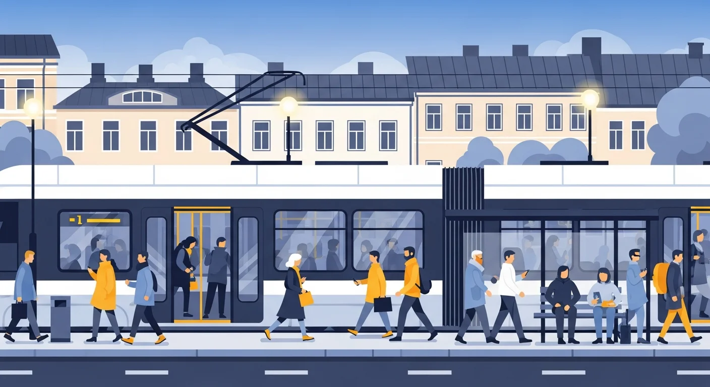 Cheerful illustration of people using public transportation in a Finnish city, with speech bubbles showing them using the key phrases