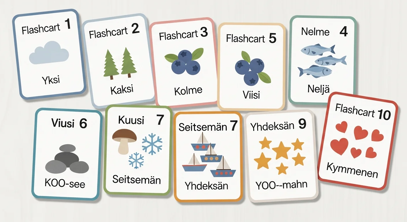 Colorful flashcards showing Finnish numbers from 1-10, each with a picture of the corresponding number of objects and the Finnish word written underneath with pronunciation.
