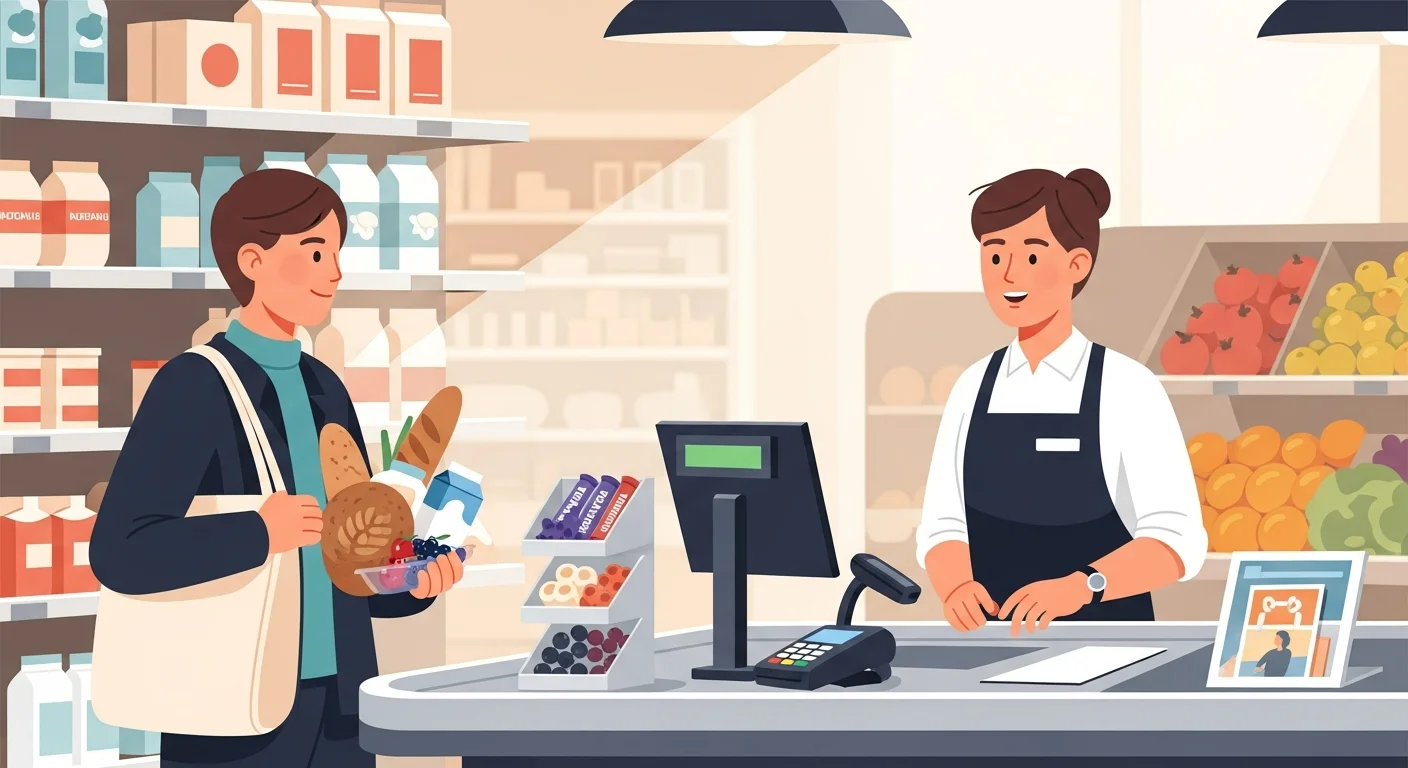 description of a warm illustration connecting language to daily Finnish life. The image shows a person using Finnish numbers while grocery shopping, engaging with a friendly shopkeeper.
