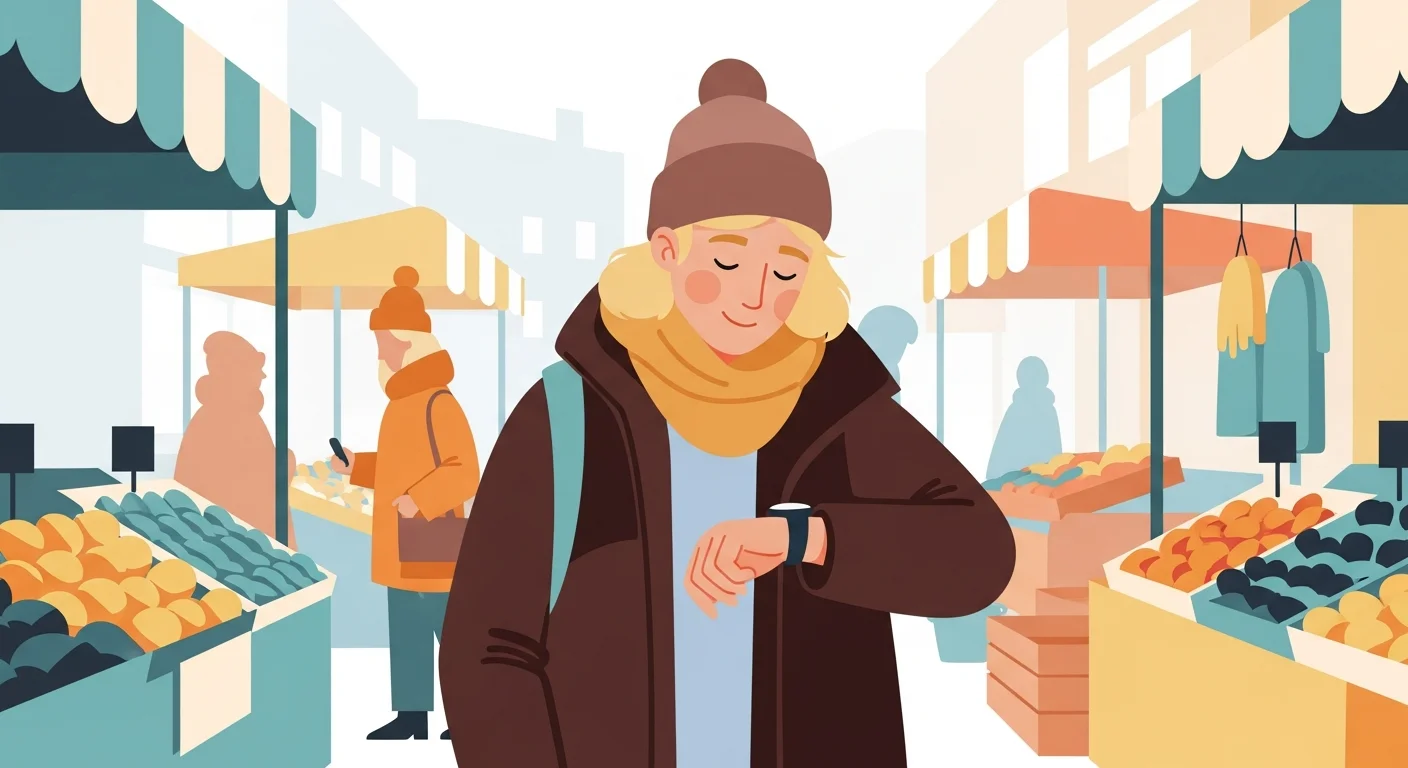 Cheerful illustration of a Finnish person checking their watch while waiting for a friend at a market.