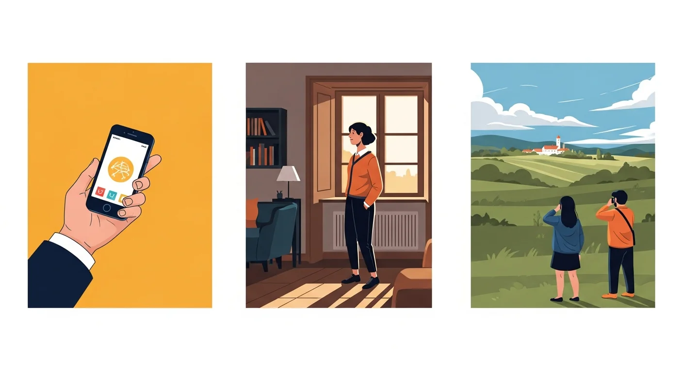 An illustration showing three distinct scenes. In the first, a hand holds a phone with a speech bubble saying 'tässä'. In the second, a person stands in a room with an arrow pointing to the general space around them and 'täällä'. In the third, two people look across a field to a distant building, with 'tuolla' above the building.