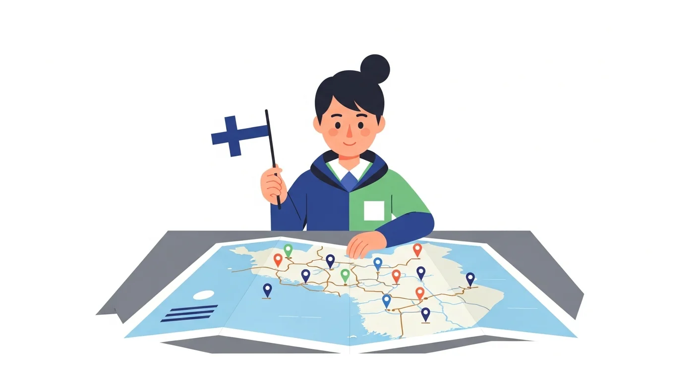 A cheerful illustration of a student at a desk, looking at a map of Finland with pins marking different cities, while holding a small Finnish flag. Speech bubbles show 'tässä', 'täällä', and 'tuolla' pointing to relevant spots.