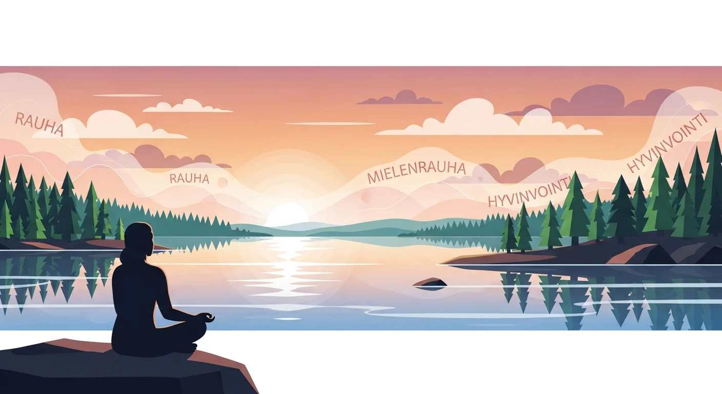Warm illustration of a person engaging in a mindfulness activity, like meditating or enjoying nature, with Finnish words related to peace and well-being subtly integrated into the scene.