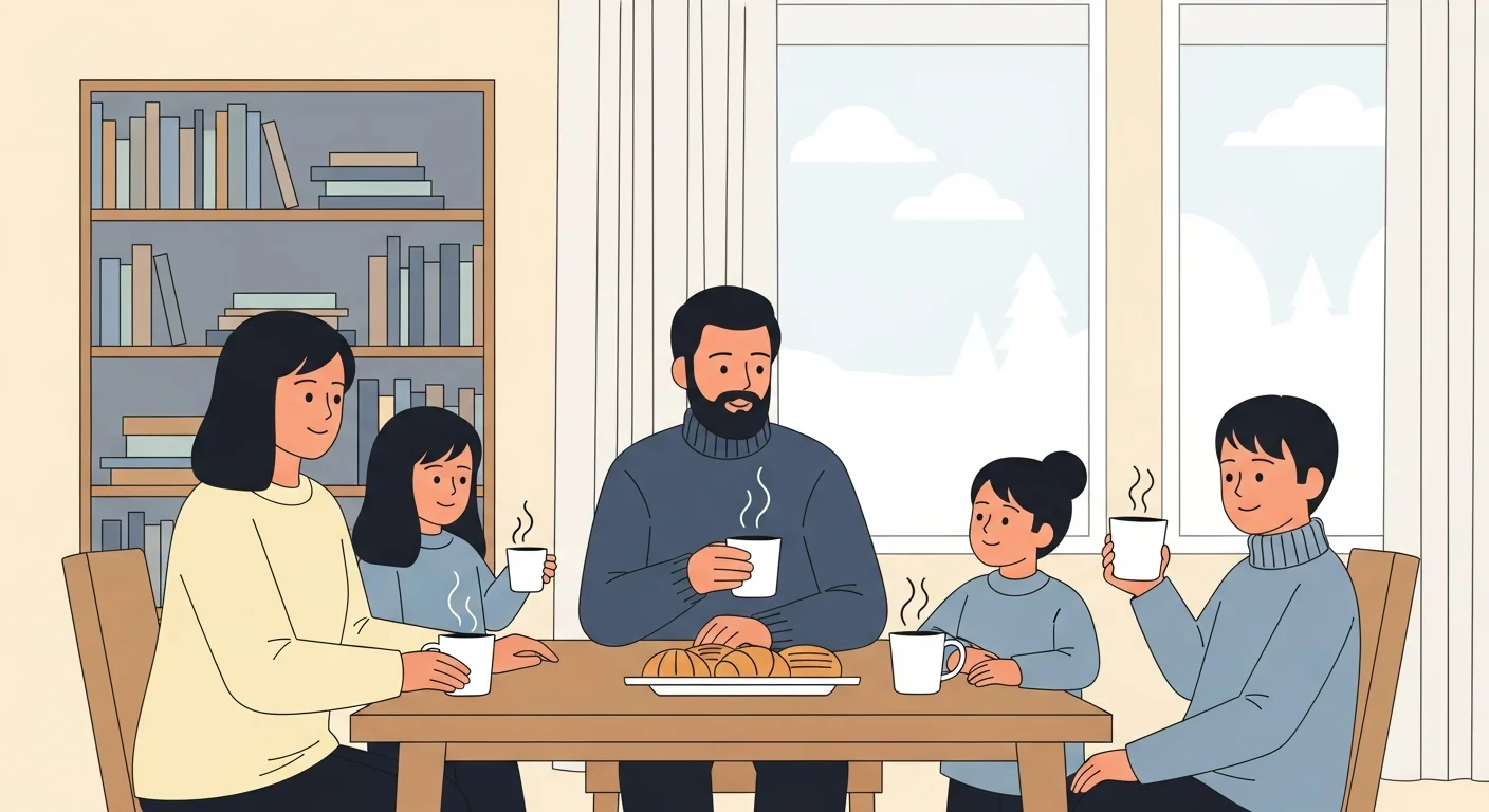 Illustration of a Finnish family enjoying a casual coffee break (kahvitauko) at home, chatting animatedly with simplified speech bubbles, representing puhekieli. In the background, a bookshelf holds formal-looking books, hinting at kirjakieli.