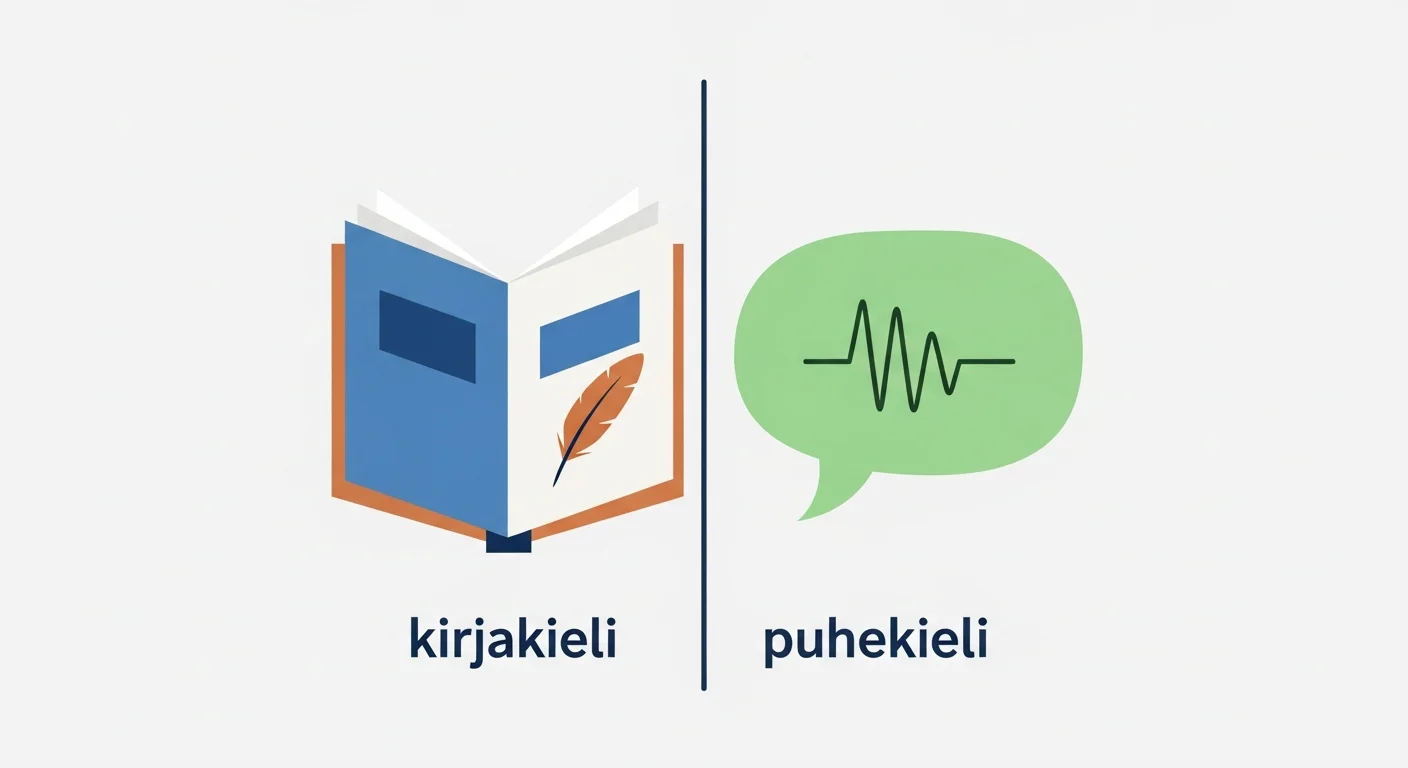 Educational flashcard-style illustration related to vocabulary, showing a split card with kirjakieli on one side and puhekieli on the other for a common Finnish word or phrase, with a friendly, learning-focused aesthetic.