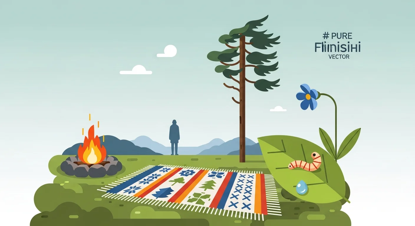 Illustration of common Finnish objects from the vocabulary table (e.g., a small fire, a windy tree, a worm on a leaf, a patterned rug, a flower, a person) with their Finnish names clearly written, emphasizing the length differences.