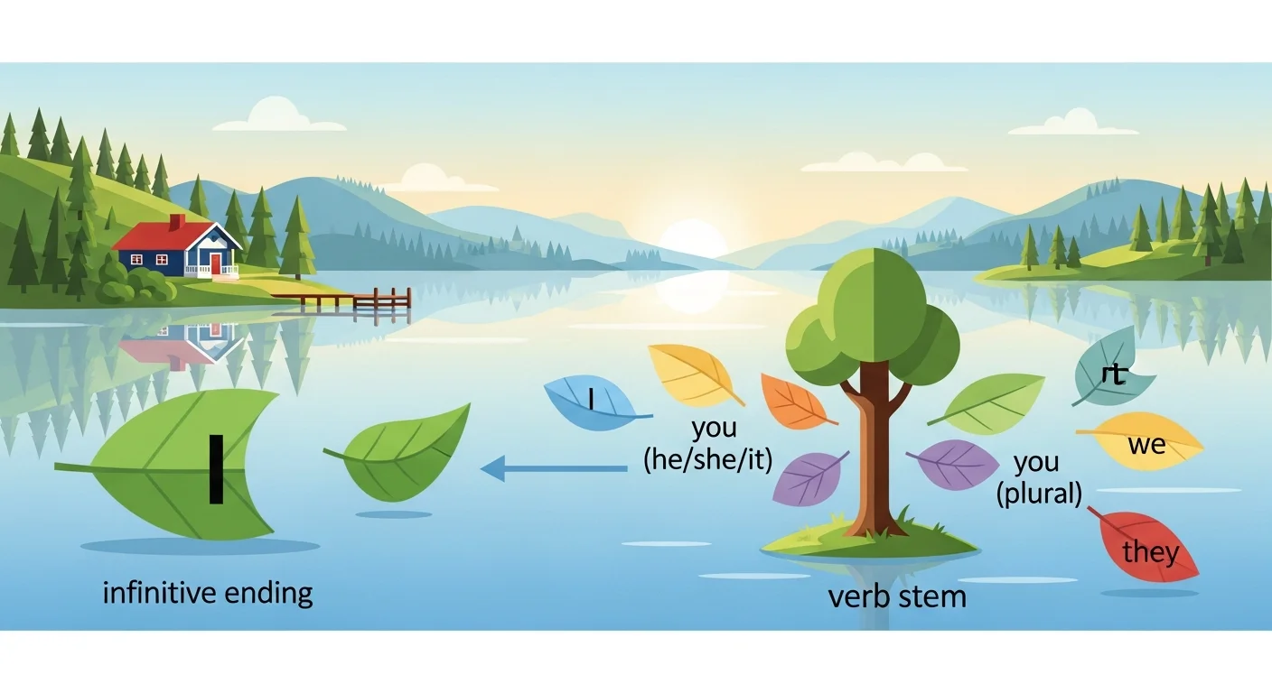 Educational illustration showing a Finnish verb stem being formed by removing the infinitive ending, with personal endings then attaching to it for different pronouns.
