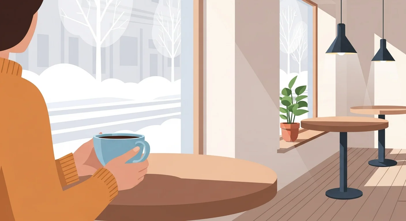Warm illustration of someone enjoying a cup of coffee at a Finnish café, with speech bubbles showing simple Finnish phrases using learned verbs.