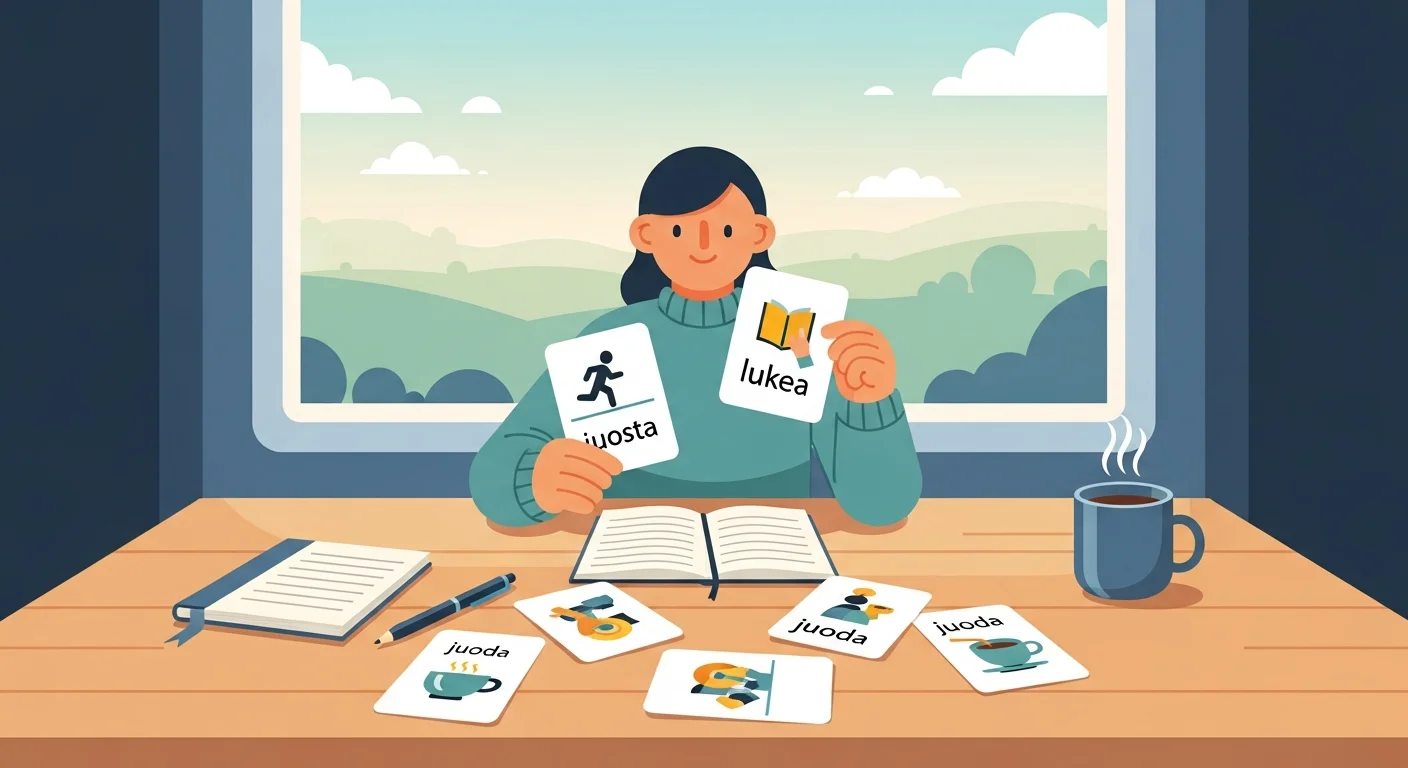 A person happily studying Finnish verb types with flashcards.