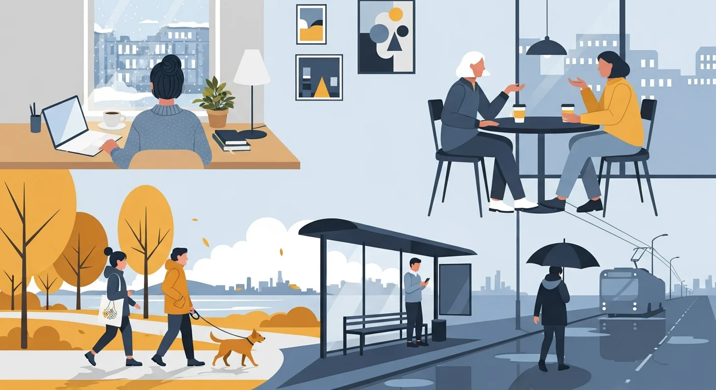 A warm illustration depicting people in various daily Finnish scenarios (e.g., a student studying, friends chatting) using negative sentences naturally in conversation.