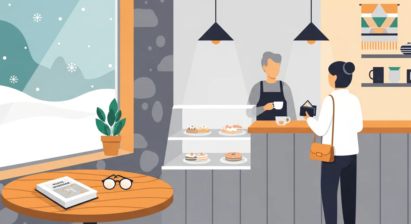 Illustration of a cozy Finnish café scene, with a person ordering coffee and a book on the table, subtly depicting the use of Finnish in daily life