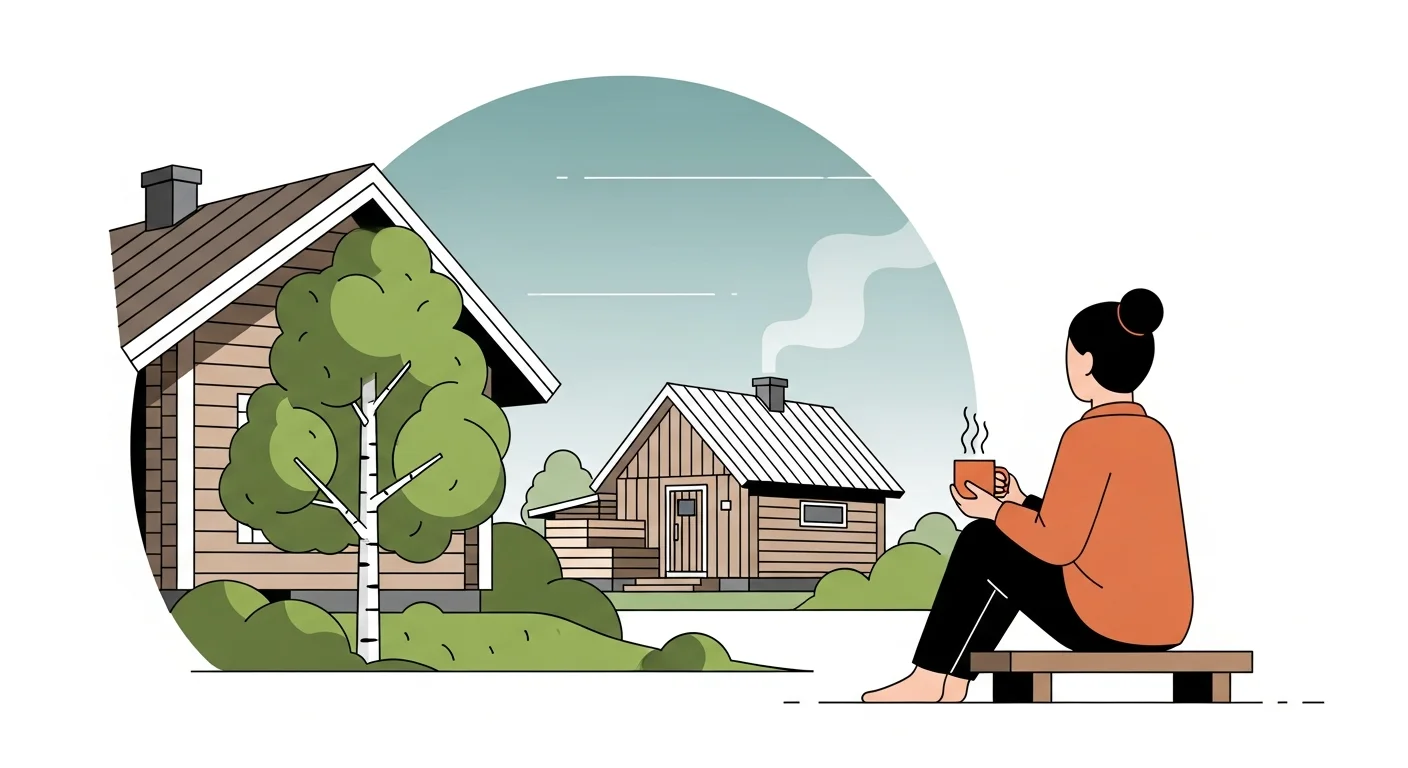 A cozy illustration of a traditional Finnish home (koti) with a sauna in the background, a person sitting peacefully with a cup of coffee, symbolizing belonging and personal space