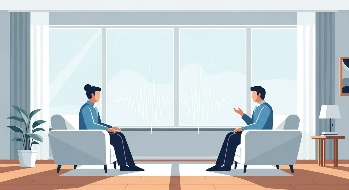 A warm illustration showing two Finnish people having a calm, focused conversation in a minimalist, light-filled Finnish home, with subtle, ethereal sound waves indicating their speech.
