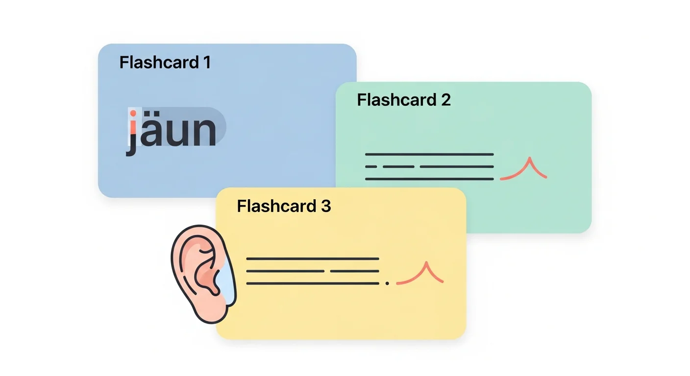 An educational illustration featuring three flashcards. One shows a Finnish word with the first syllable highlighted, another shows a simple sentence with a subtle upward intonation curve at the end, and the third shows a pair of ears listening intently, all in a clean, graphic style.