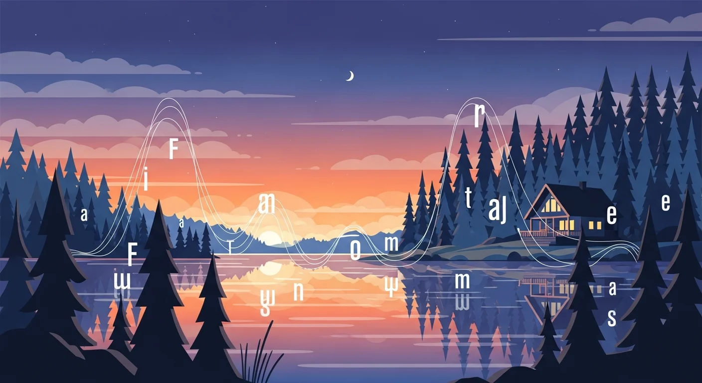 Illustration of a serene Finnish lakeside cabin at sunset, with abstract sound waves or vowel shapes gently emanating from the water and trees.