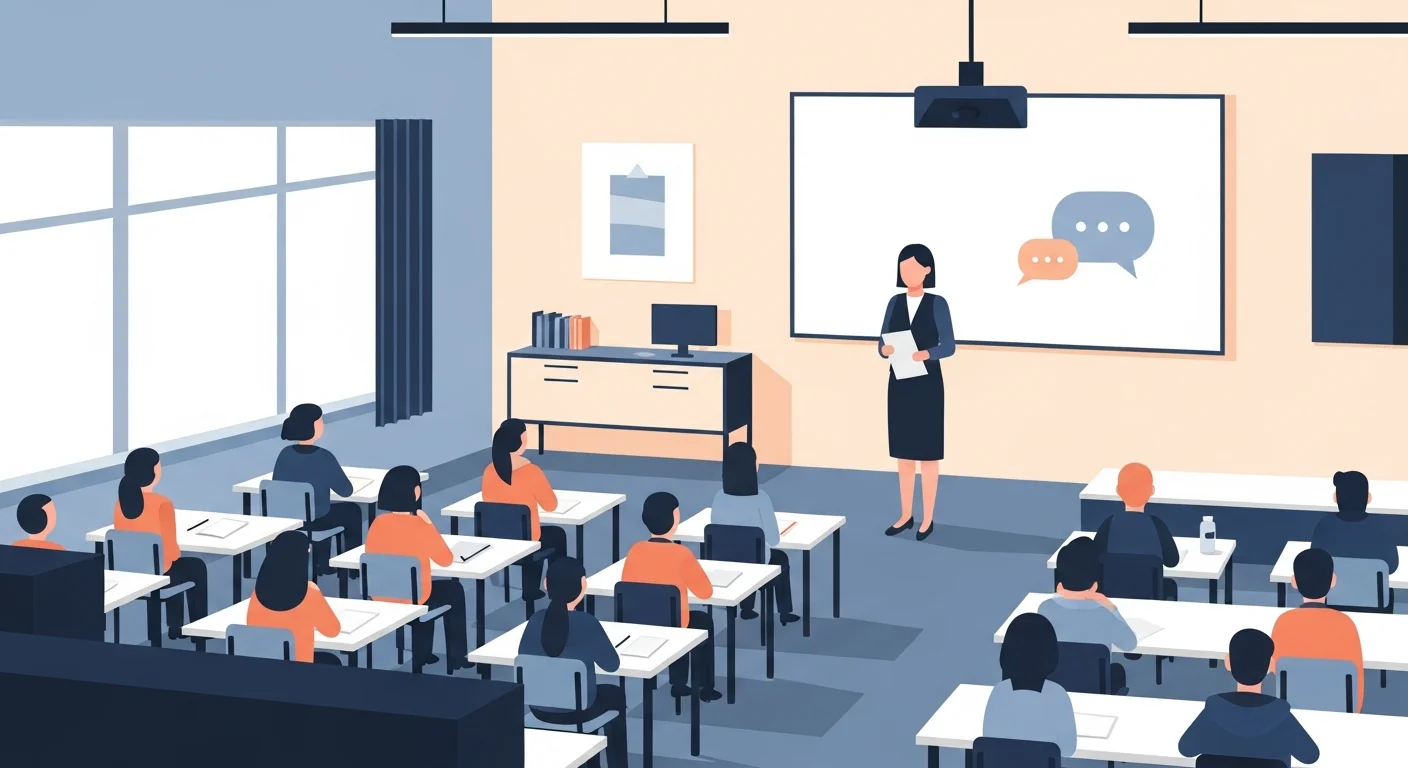 Illustration showing a modern, minimalist Finnish classroom with students and a teacher at the front. Labels point to "koulu," "luokkahuone," "opettaja," and "oppilas."