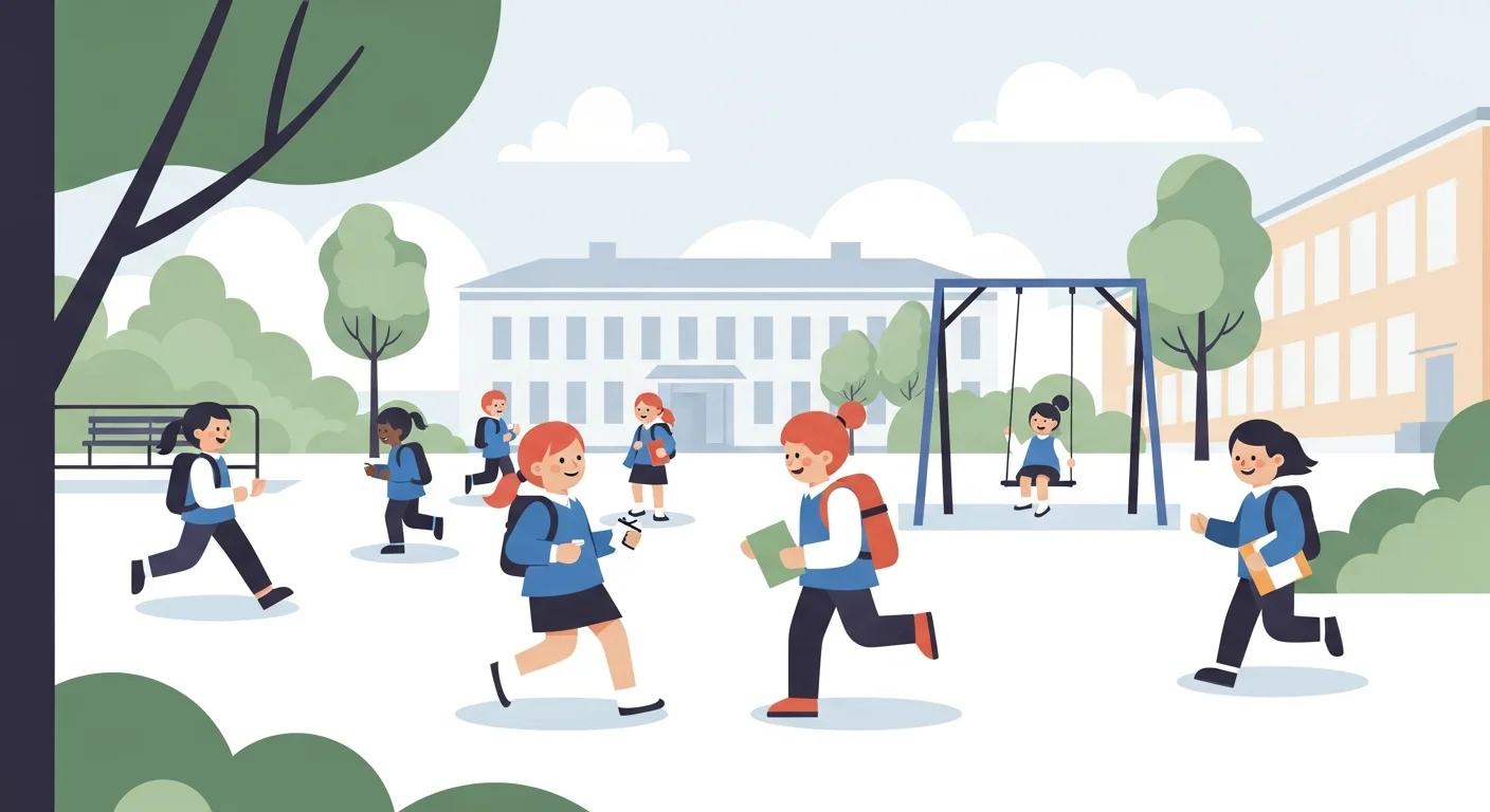 Cheerful illustration of a group of Finnish students during a school break, perhaps playing outdoors, with speech bubbles showing words like "tauko," "leikkiä," and "ystävä."