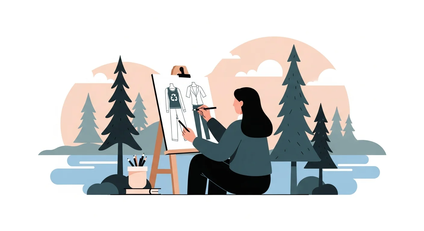 Illustration of a stylish Finnish fashion designer sketching sustainable clothing designs amidst natural elements like pine trees and lakes