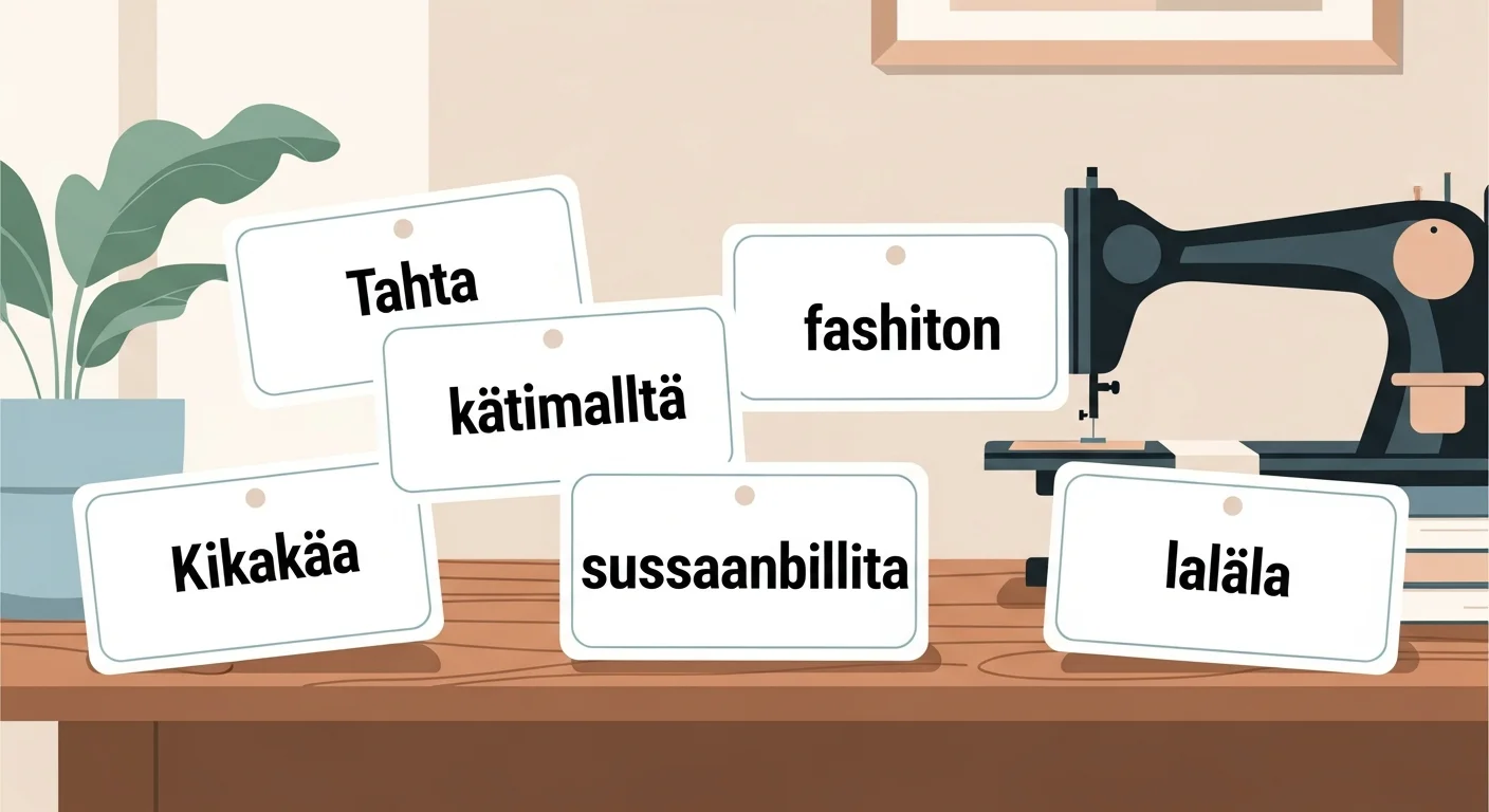 Illustration of vocabulary flashcards with Finnish words related to fashion and sustainability, displayed on a wooden table with a sewing machine in the background